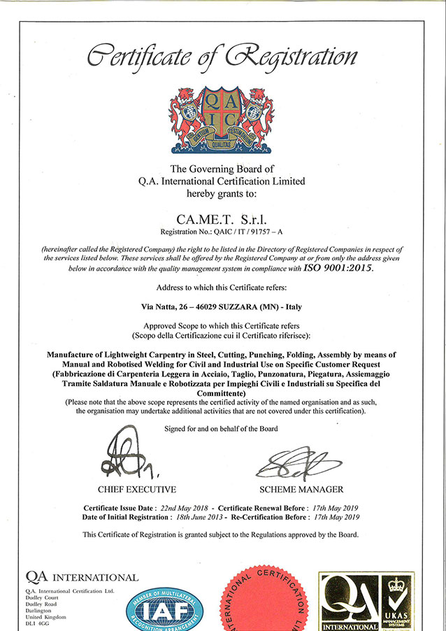 CAMET è certificata ISO9001
